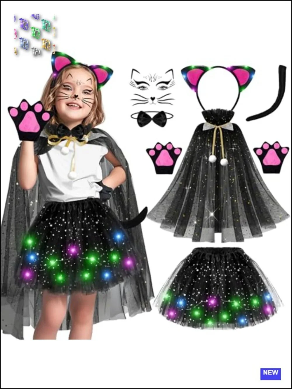 Girls LED Cat Halloween Costume 7pc Set Ages 3-8 Tutu Cape Gloves